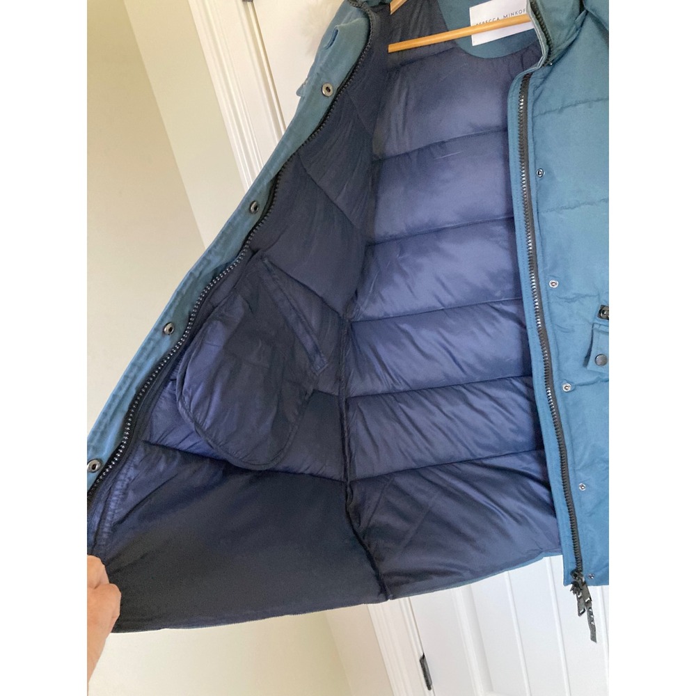Rebecca Minkoff Teal Blue Quilted Puffer Coat Faux Fur Hood RM-0033 Size L - Picture 11 of 13